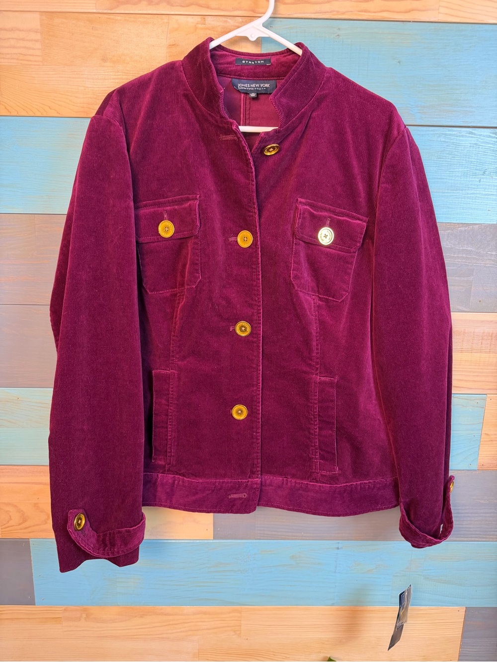 Jones New York Deep Burgundy Velvet Cotton Stretch Velour Jacket Stand Up Collar